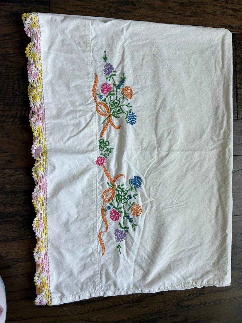 Vintage White Pillowcase with Multicolor Floral Embroidery (1)